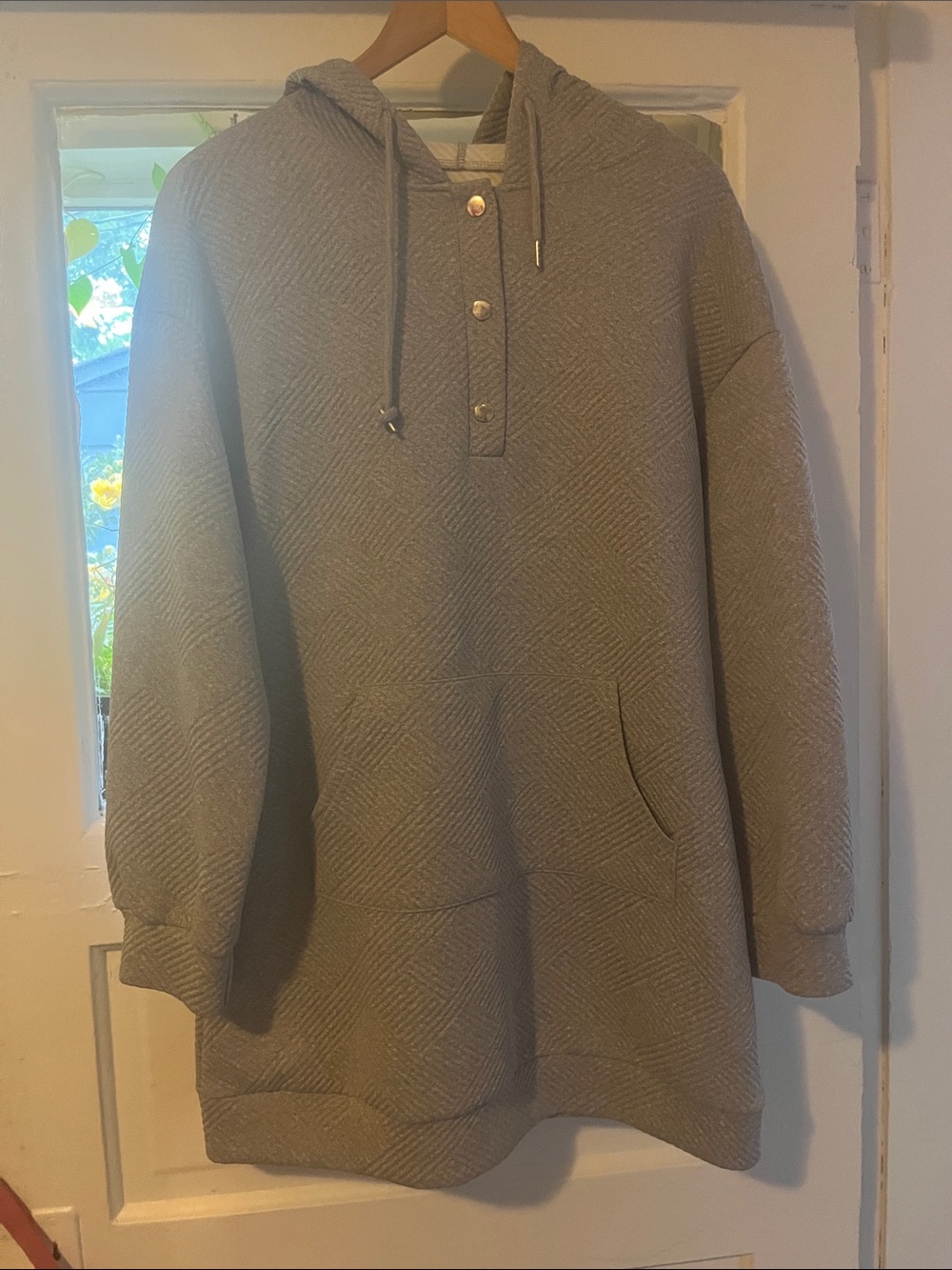Cozy Quilted Hooded Sweatshirt Tunic in Light Taupe